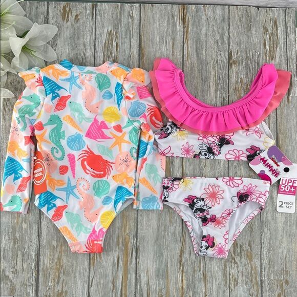 Rash Guard Swimsuit & Bikini Featuring Mini Mouse 2-Pack Size - Picture 1 of 5